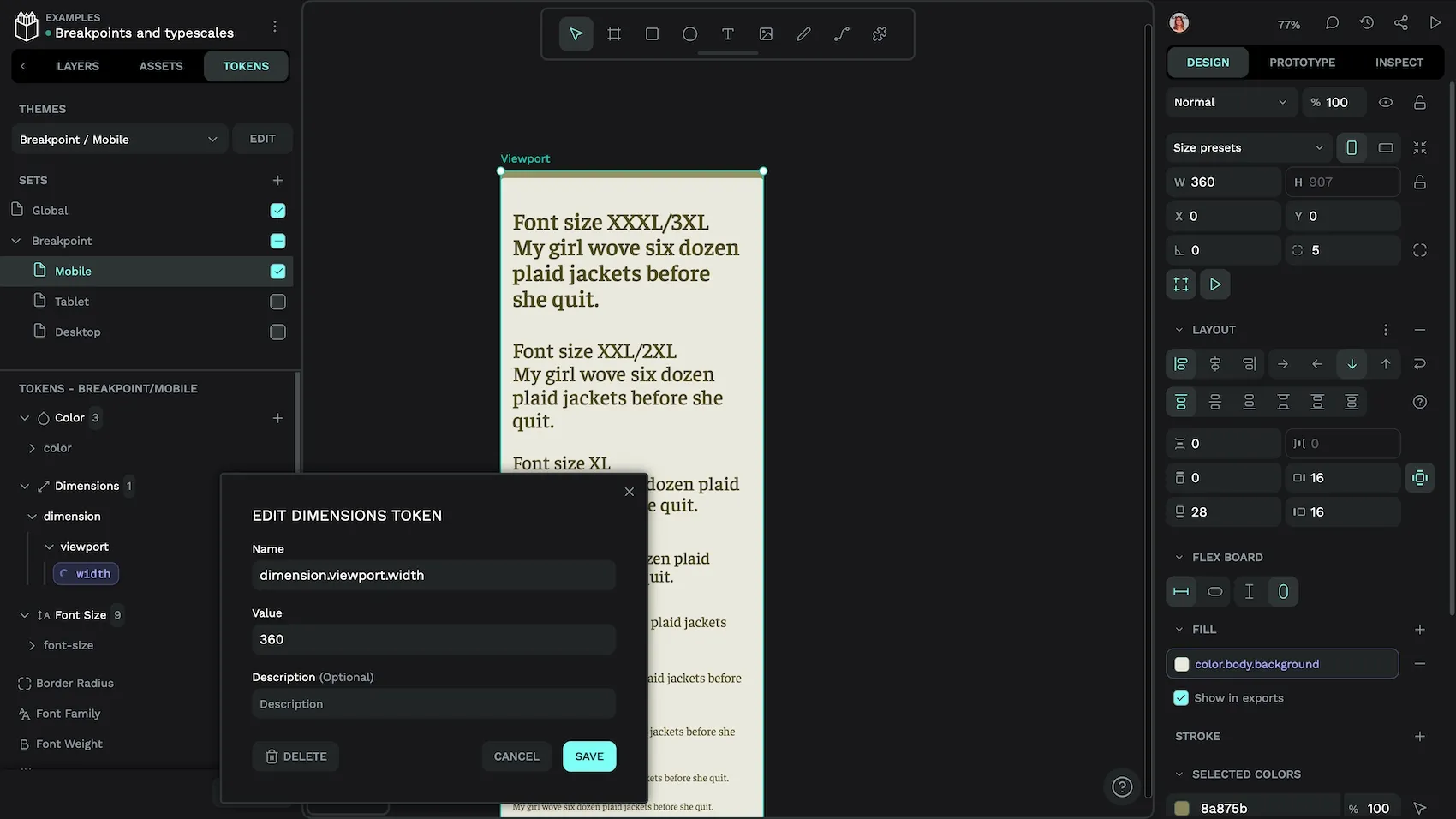 The dimension.viewport.width token in the Mobile set. It has a value of 360 and is applied to the width of the Viewport board.