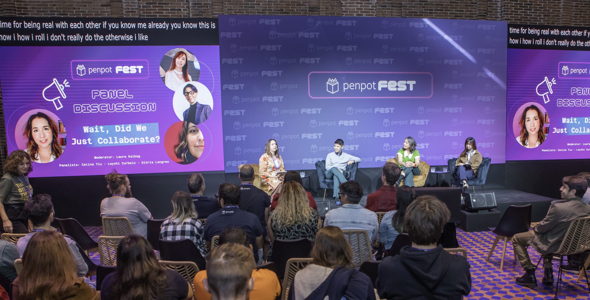 Penpot Fest 2025: a panel discussion of Laura Kalbag as the presenter and 3 female panelists.