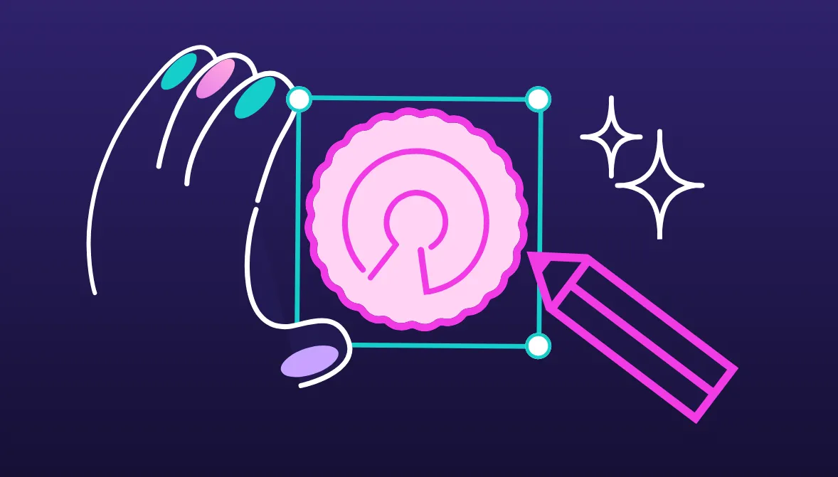 The image shows a Open source icon held by a hand and drawn by a Penpot pencil