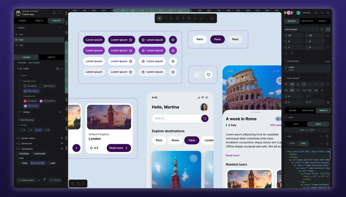 The image shows a large design system for a travel app in Penpot