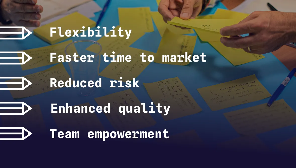 The image shows people working on a board with sticky notes in the background and a list of "Why agile design matter" points in the foreground