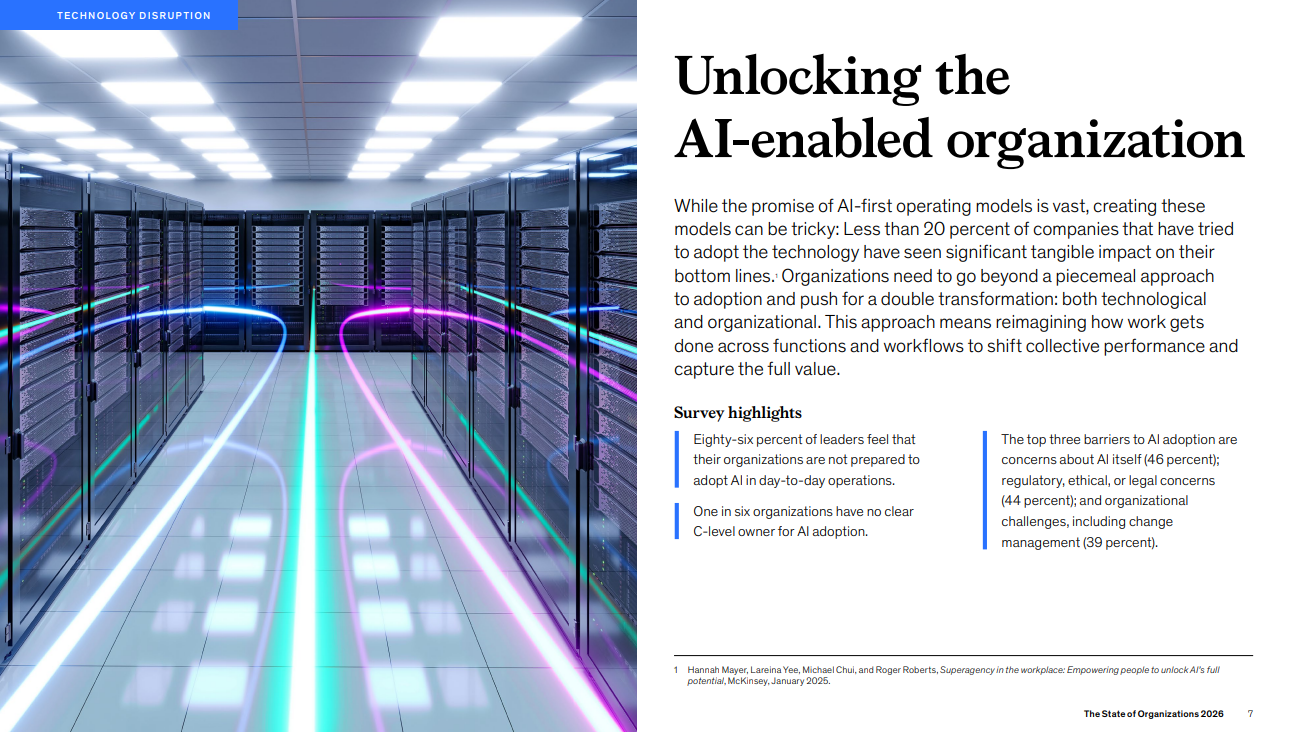 This image shows a slide from McKinsey report on Unlocking AI-enabled organizations featuring an image of a server room.