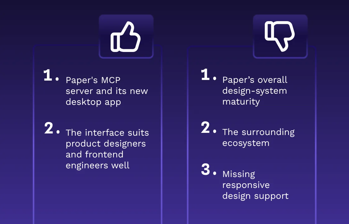 The image shows a table with two columns, one for pro and one for cons of Paper app, according to the audience.