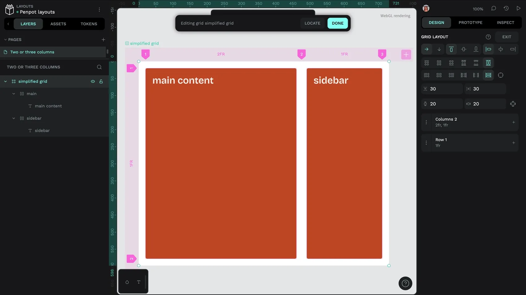 A main content column with 2fr width and a sidebar column with 1fr width. The main content spans 2/3 of the layout, the sidebar spans 1/3 of the layout.