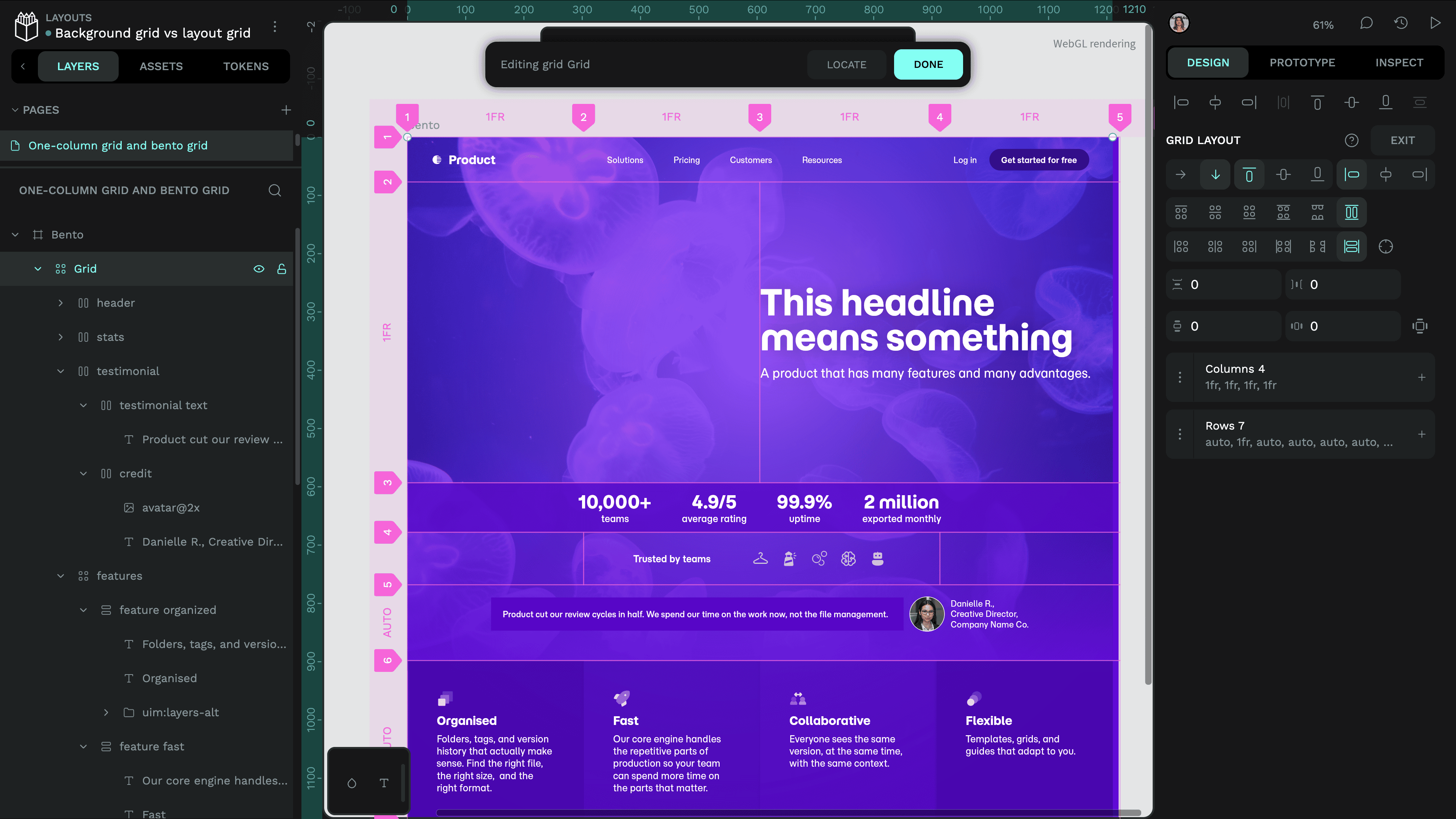 The marketing site in a layout with 4 equal-width rows and 7 mixed-height columns. The header and banners are spanning all four rows.