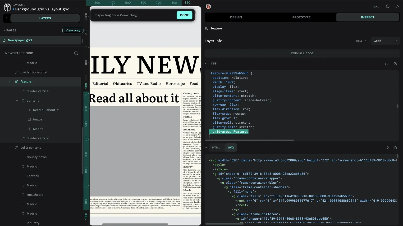 Highlighting in the CSS code panel. The feature selector has the rule for grid-dash-area with a value of Feature.