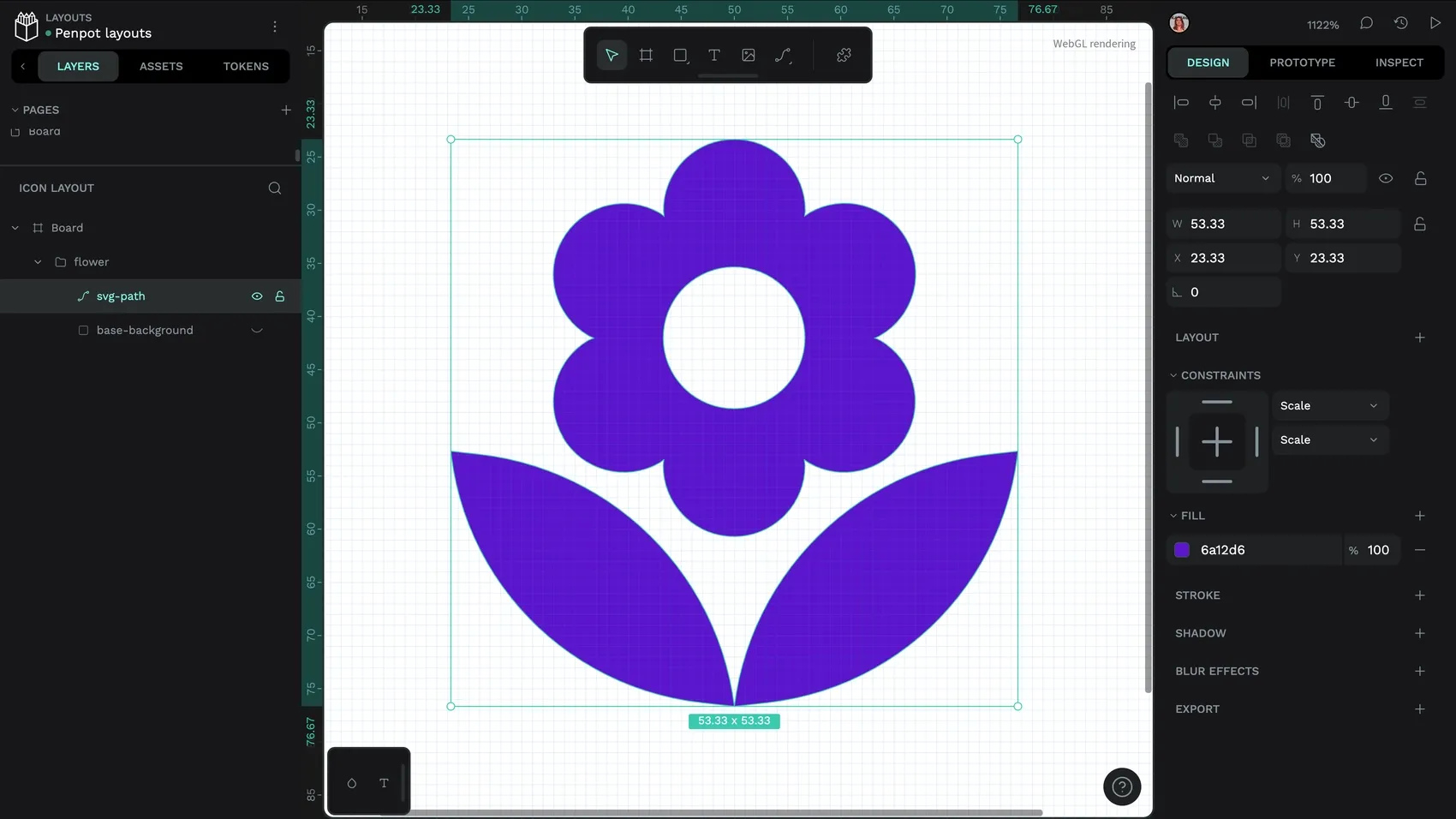A flower icon on the Penpot canvas. There’s a blue and white pixel grid in the background of the canvas.