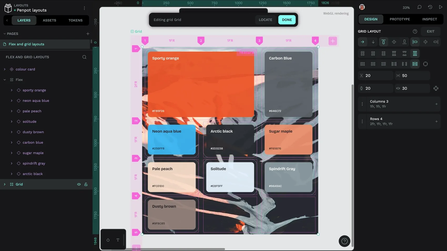 When editing a grid you see a pink overlay showing the column and row sizes and the location of the column and row lines.