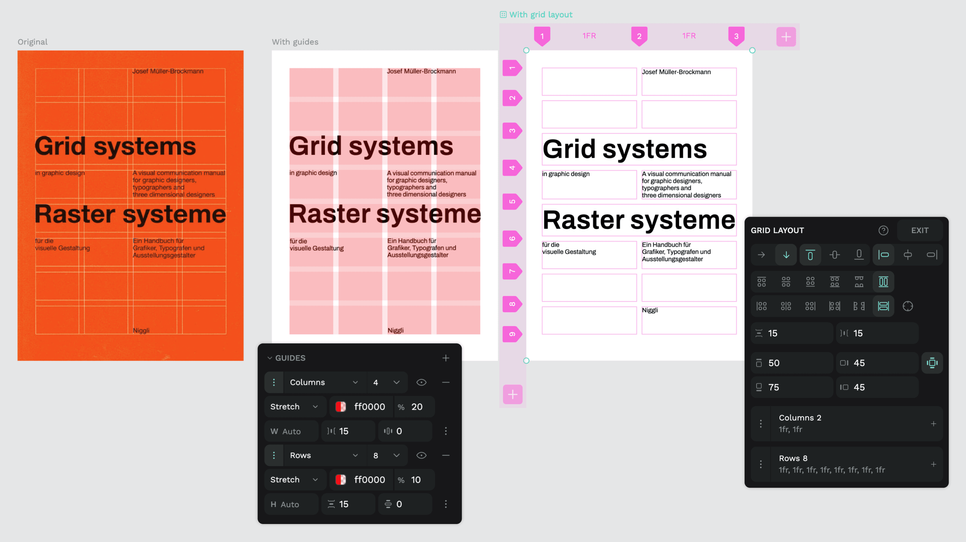 The same Grid systems book cover design: the original, and versions created in Penpot with guides and grid layout.