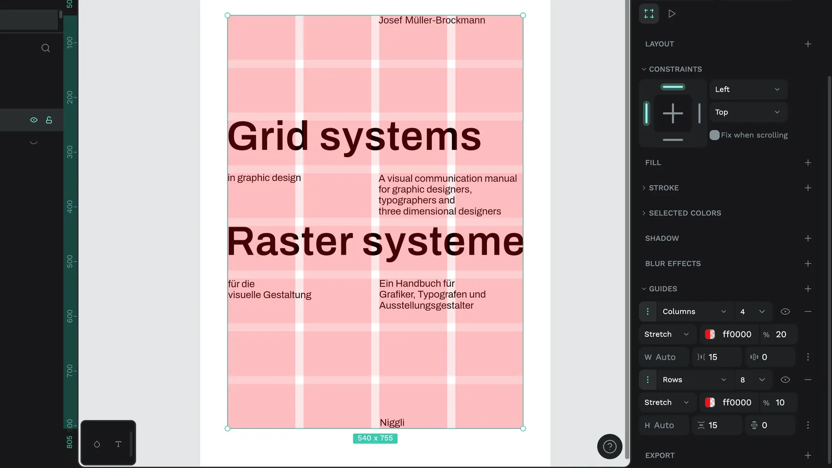 A poster design in Penpot using a 4-column guide and an 8-row guide to create a grid overlay.