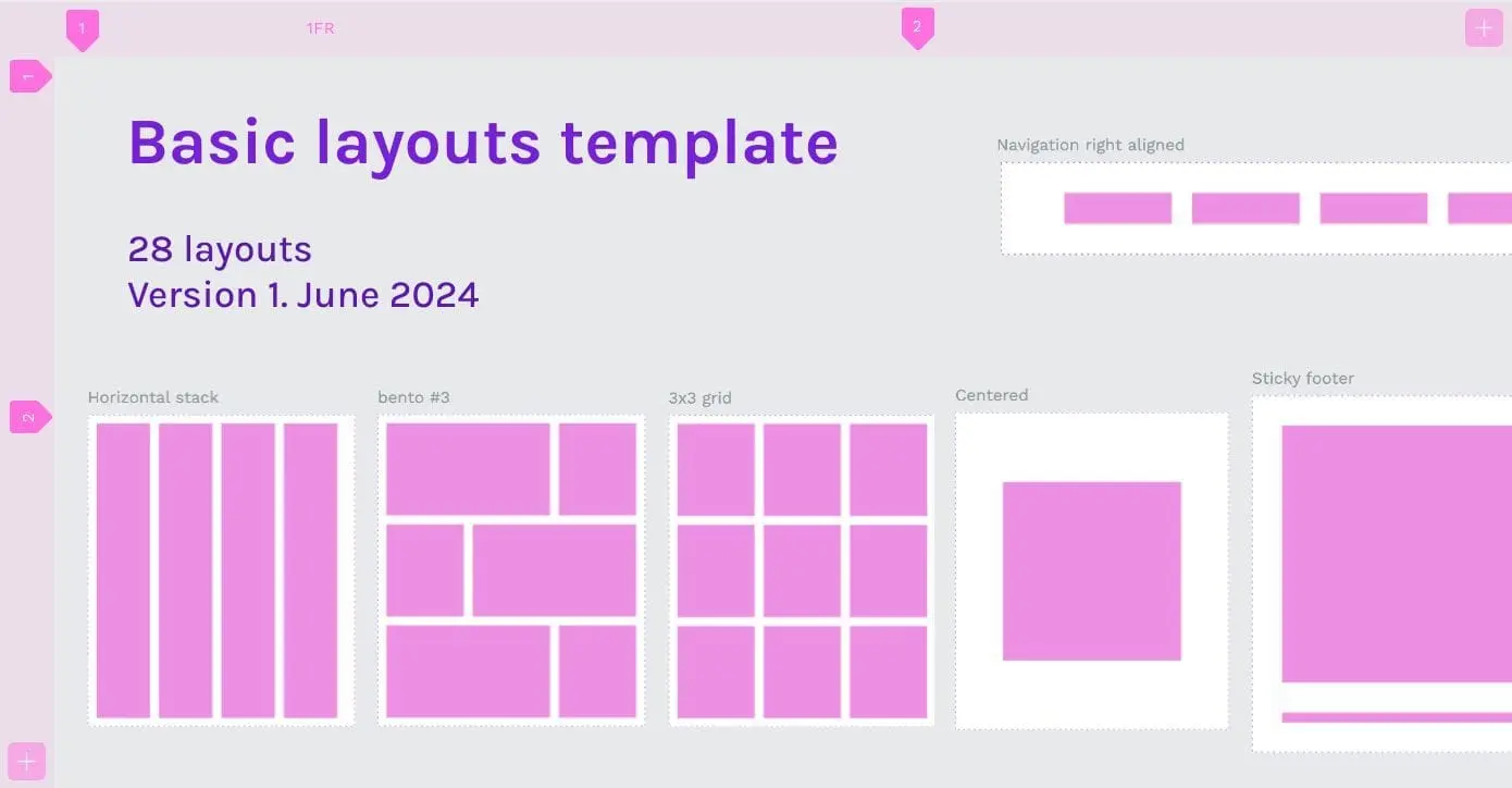 Basic layouts template. 28 layouts. Version 1.June 2024. Including navigation right aligned, horizontal stack, bento #3, 3x3 grid, centered, sticky footer.