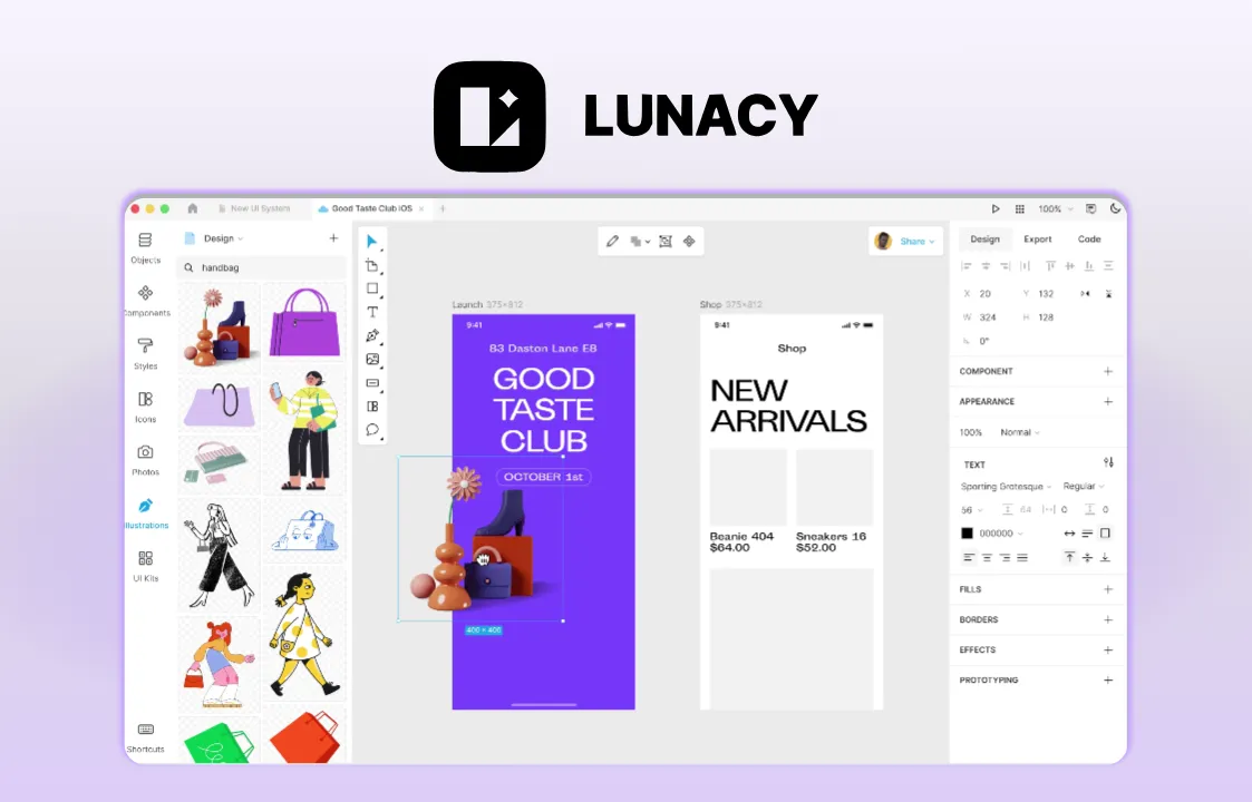 The image shows Framer logo and a Lunacy product image