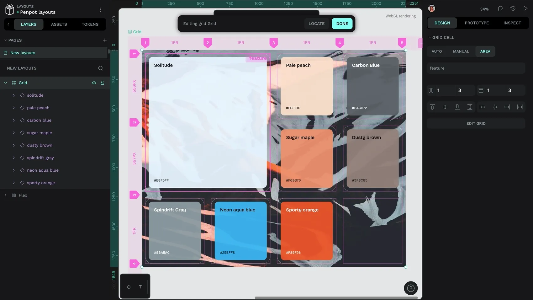 A grid cell spanning two columns and two rows with the area name “feature” in the area tab input as well as displayed over the grid cell in the grid editor preview.