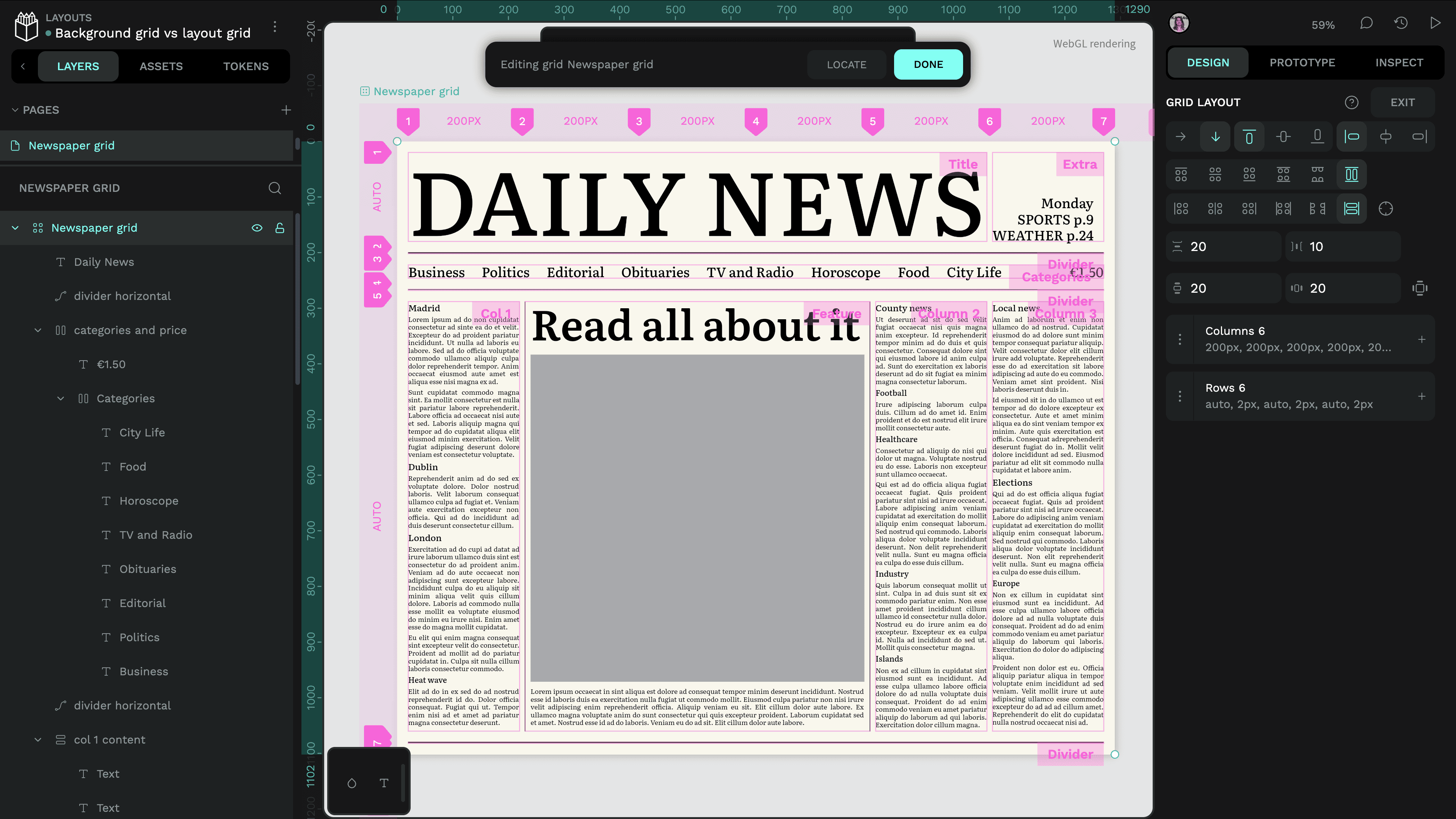 A newspaper front page layout using named grid areas in Penpot.