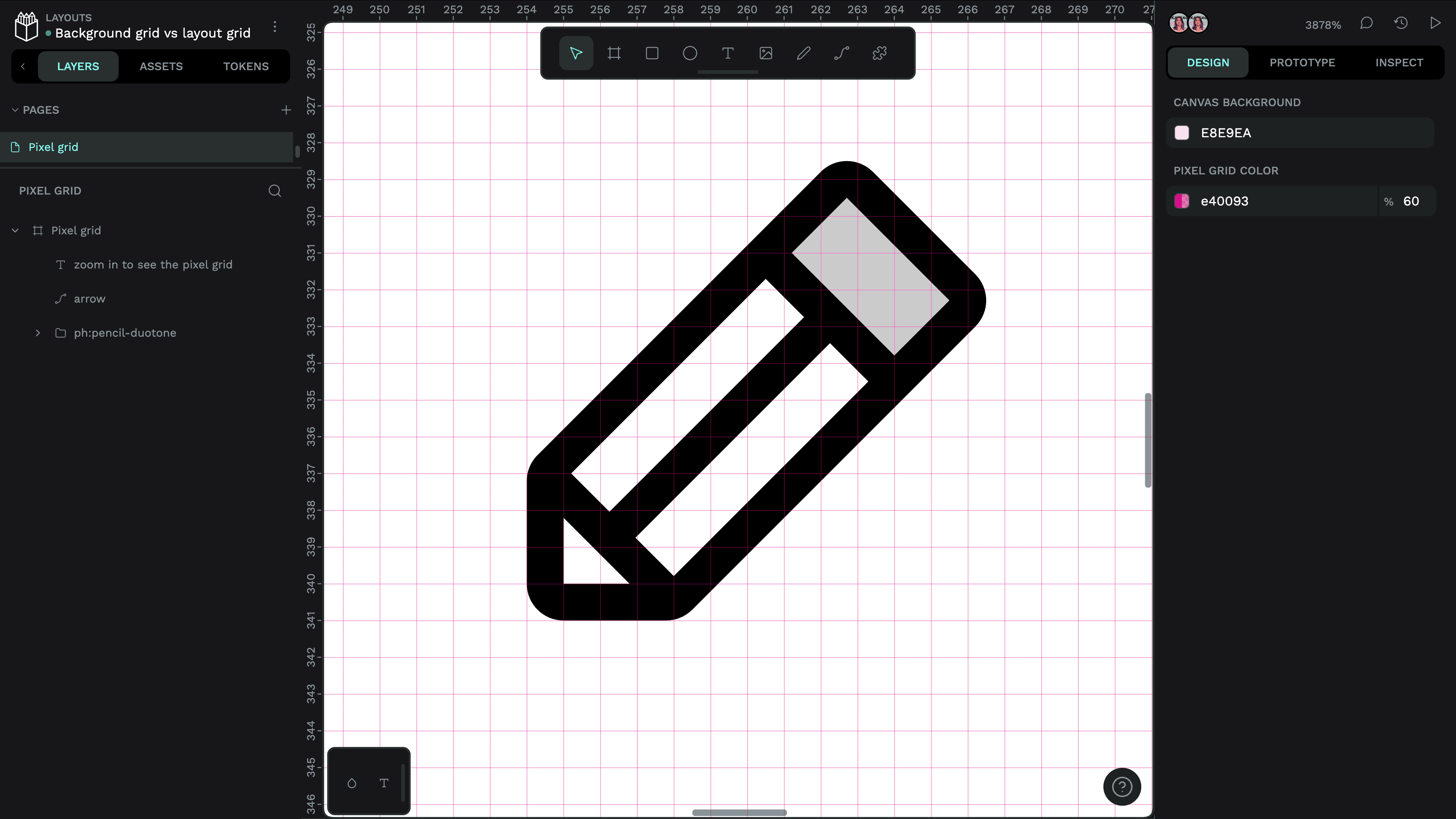 A pencil icon rendered across Penpot’s pixel grid, zoomed in to 3878%.