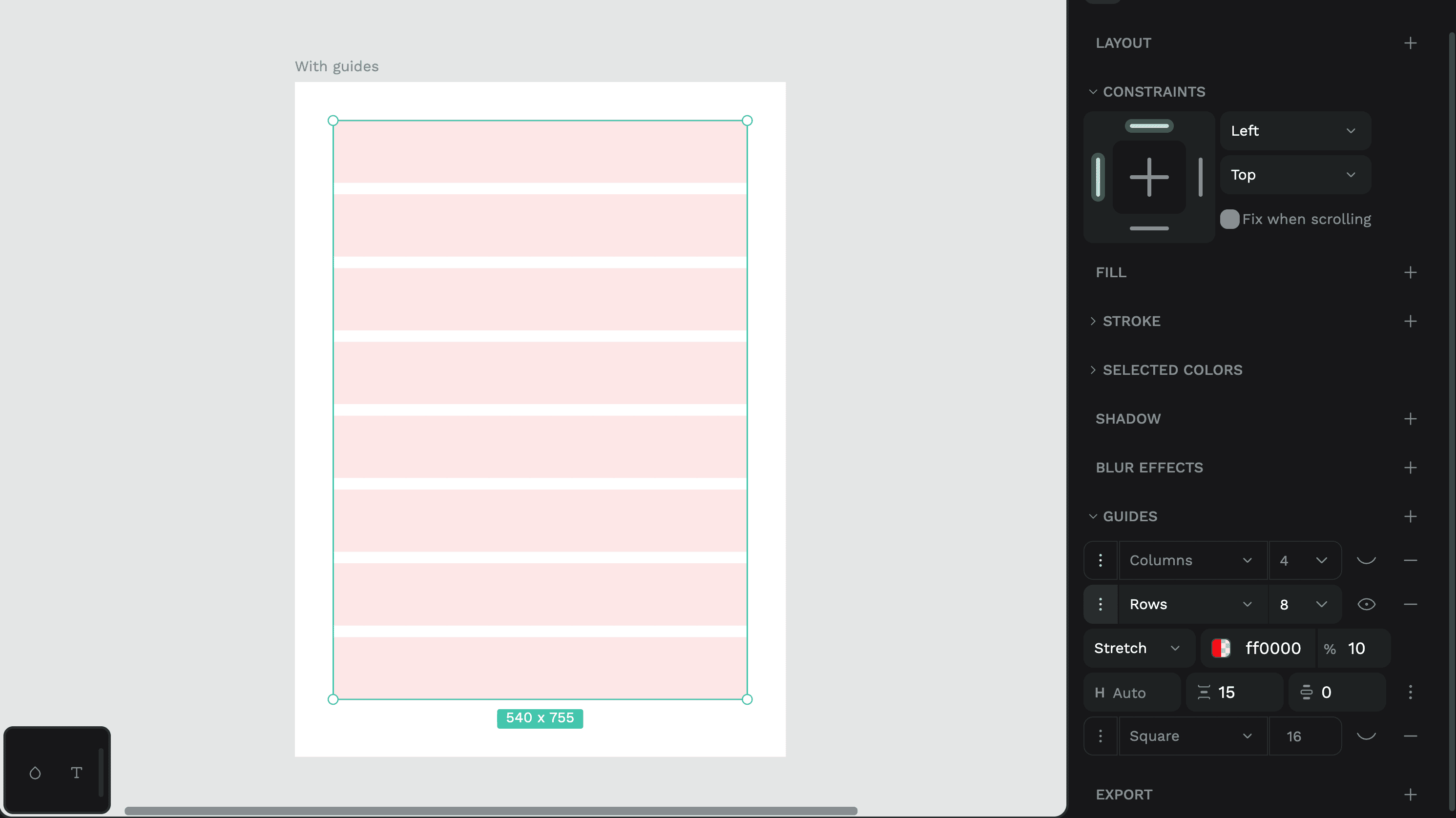 The Rows guide in Penpot, with 8 rows stretched across the board with 15px gutters.