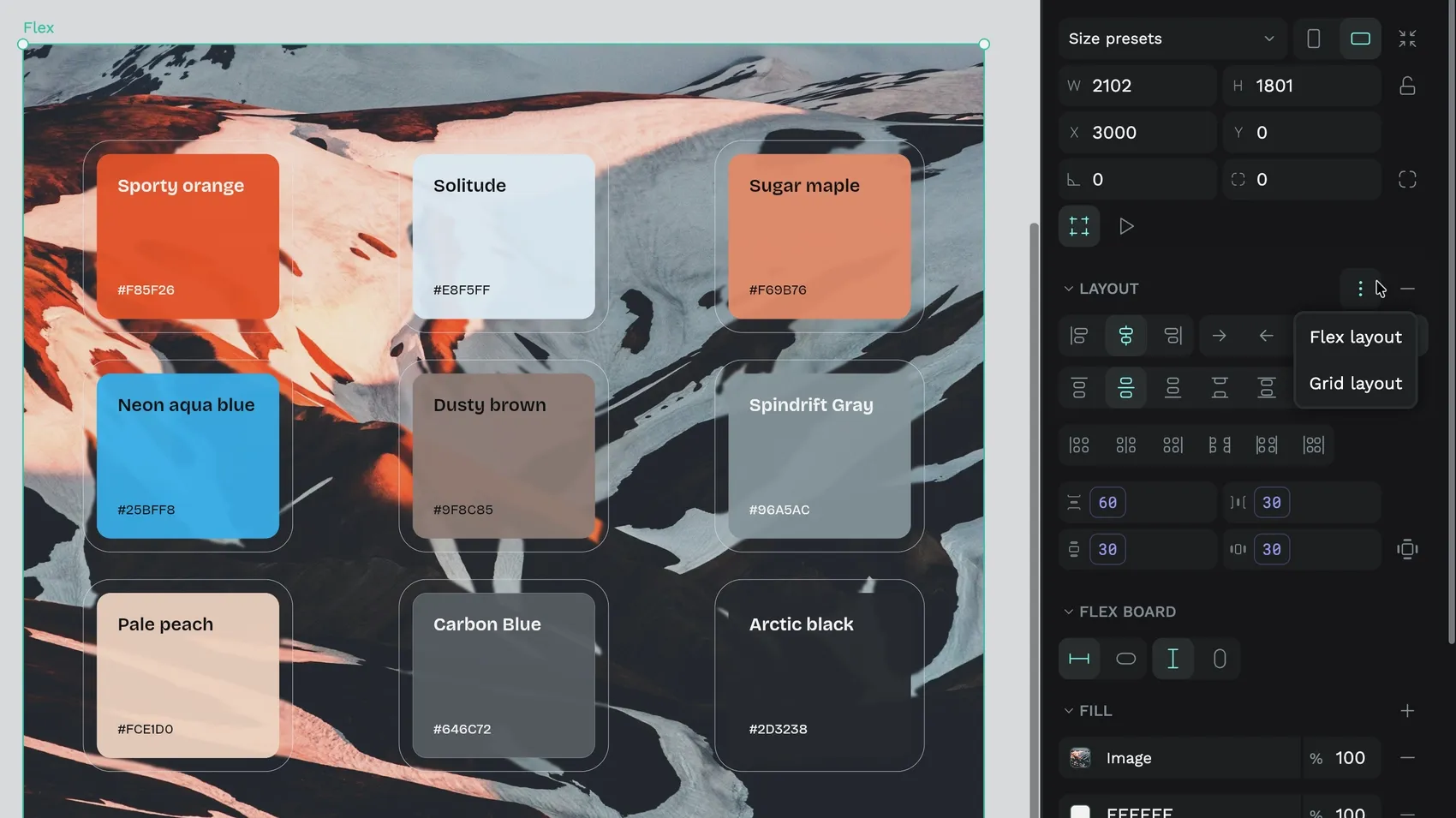 Clicking the context menu alongside the Layout section in the Design panel brings up the menu to choose between Flex layout and Grid layout.