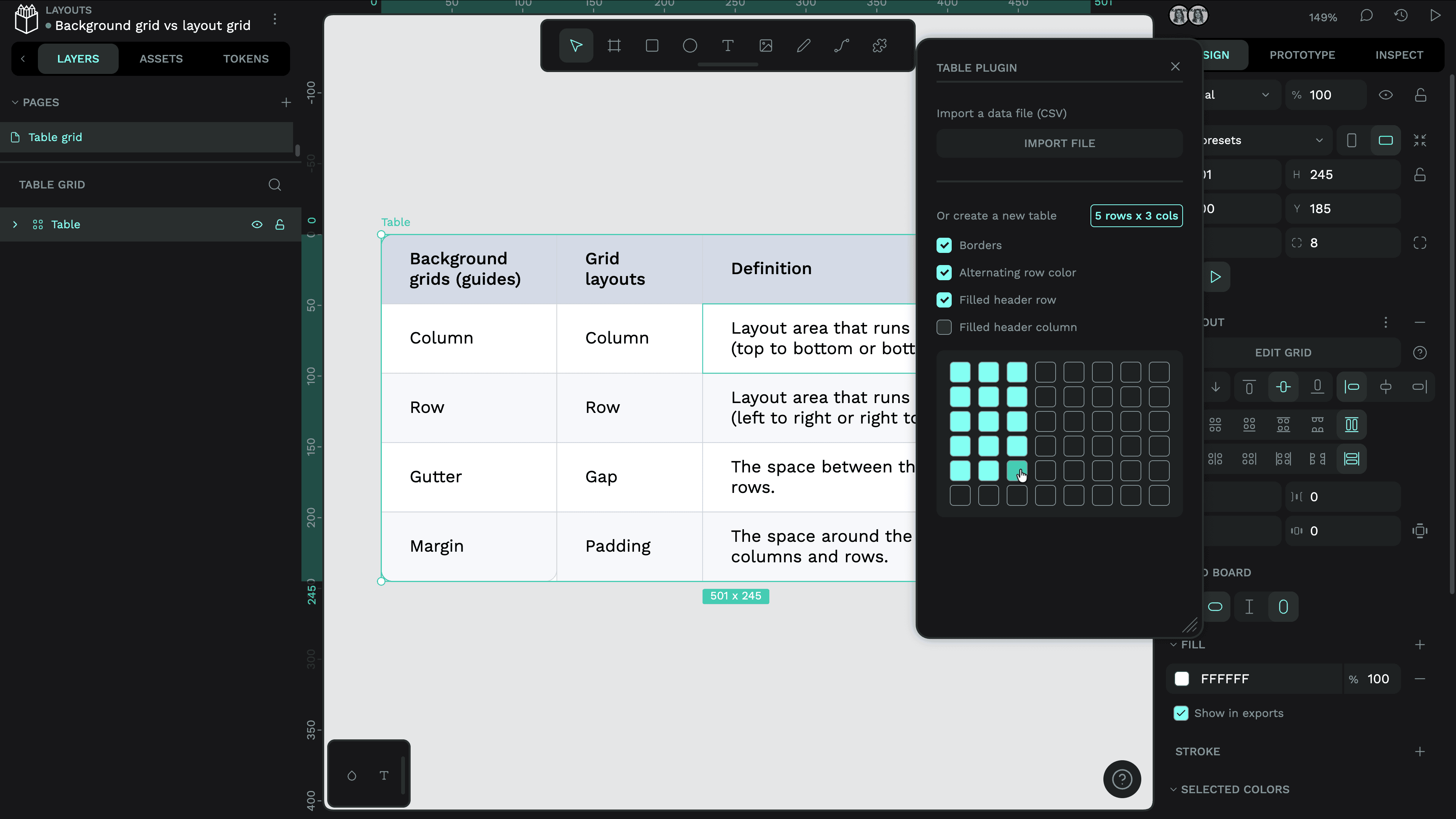 Using the Tables plugin to create the grid above. 5 rows x 3 cols, selecting options for borders, alternating row color and filled header row.