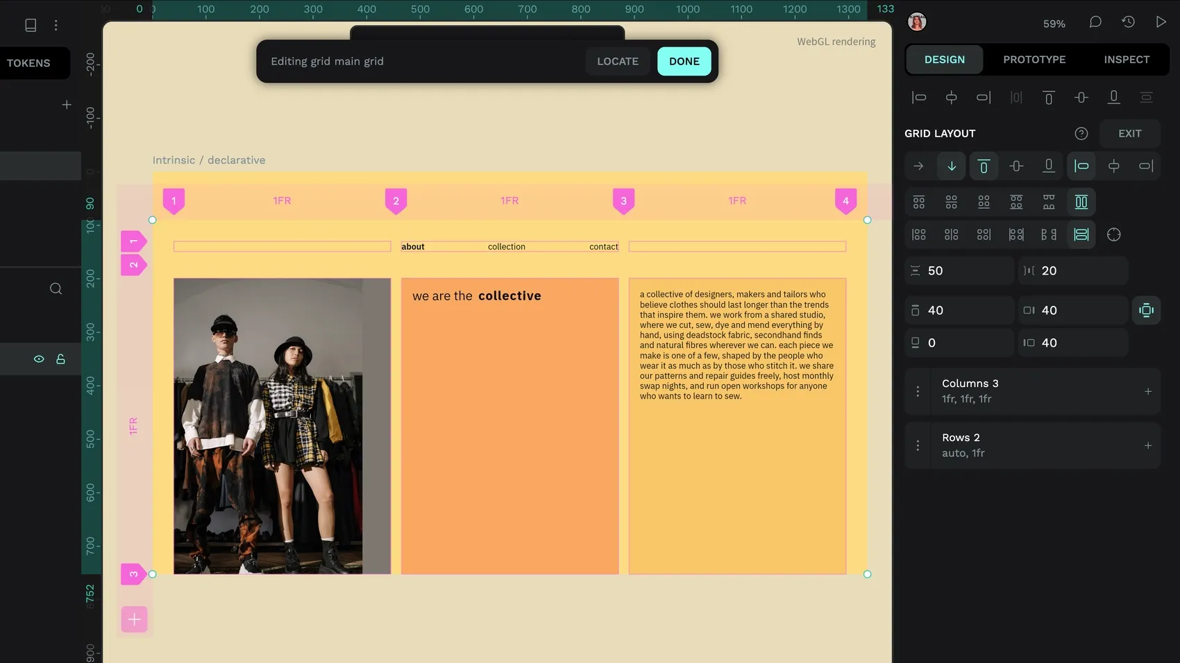 The grid editor in Penpot overlaid on a design for a fashion collective website. The layout is made up of 3x columns of 1fr width and 2x rows of auto and 1fr height.