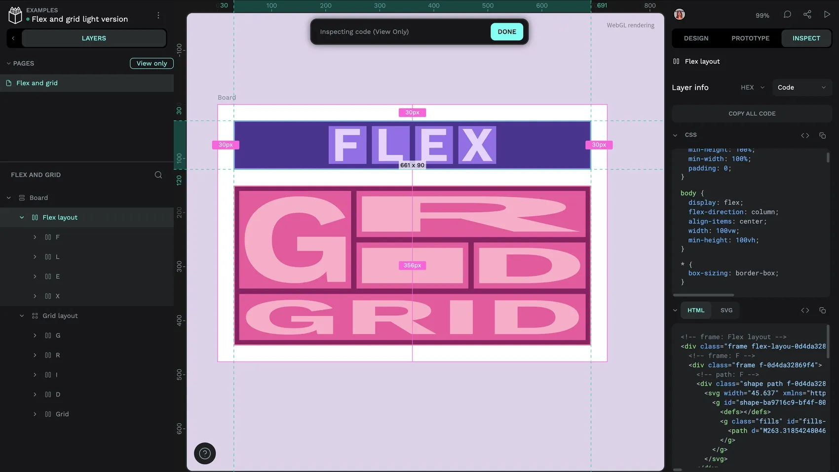 The Flex layout board is selected and the CSS code is showing flex CSS on the body element.
