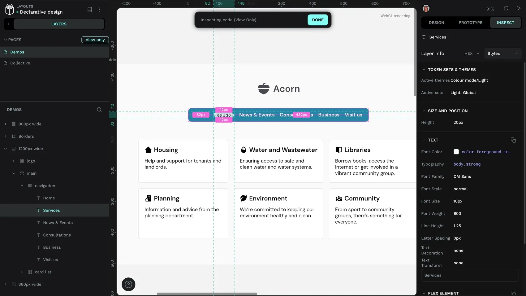 The link is highlighted on the canvas with its width and margin values. In the Inspect panel, the Styles option shows active token sets and themes, size and position properties, text properties including relevant design tokens, and flex element properties.