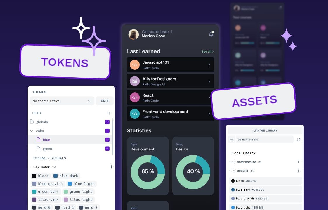 A screen prototype in the center of the image, on the left the tokens Ui and on the right the Assets Ui from Penpot screen