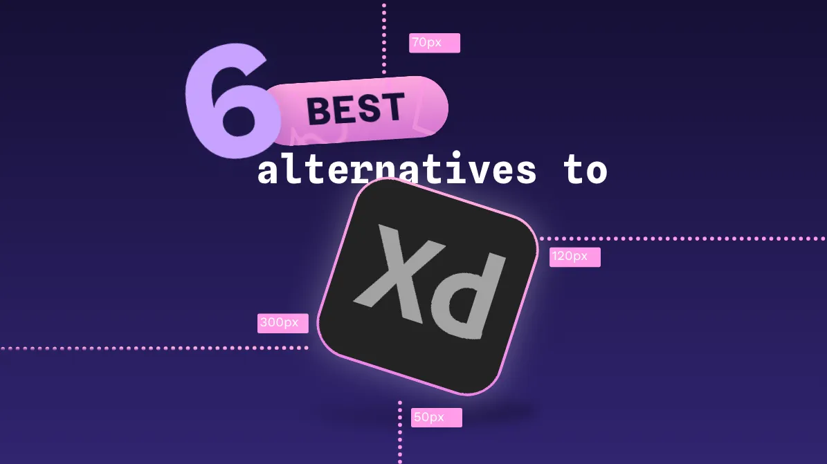 the image shows the title "6 best alternatives to" and the Adobe Xd logo, the assets are in the centre of the board on a blue gradient background.
