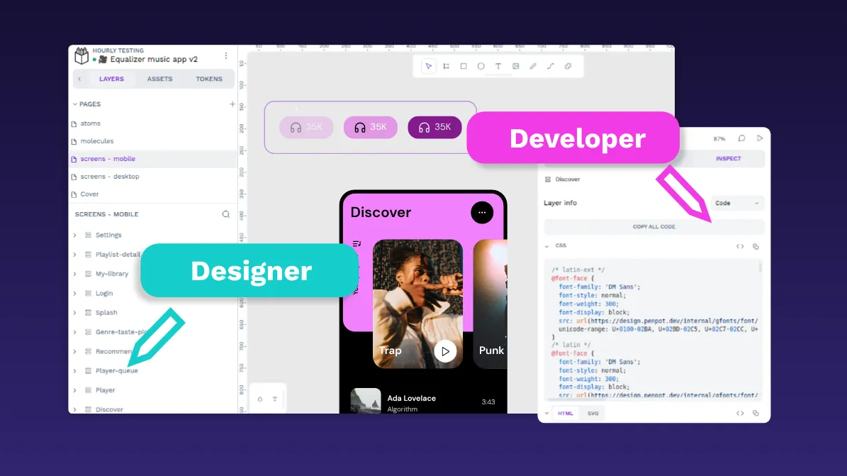 The image shows Penpot Ui with the prototype of an app. There are two cursors working on it, the Developer one is touching code while the designer one is touching the layers