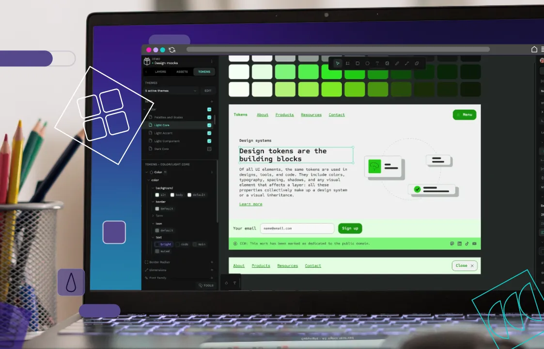 the image shows a computer monitor where penpot tab is open on a design tokens related project
