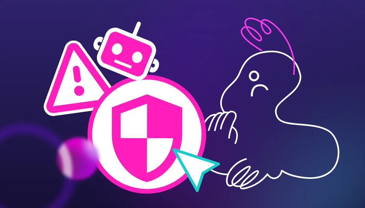 The image shows a penpet looking suspiciously  at icons that represent AI, alert and security