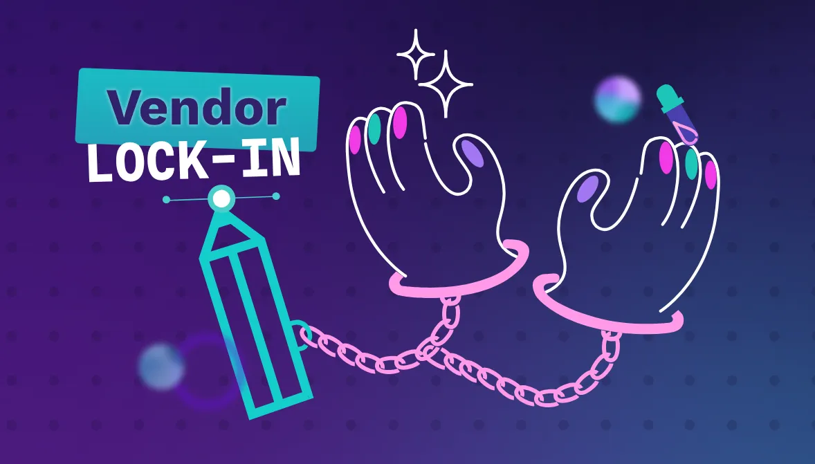 The image shows an illustration with two hands tight with handcuffs linked with a pencil that is writing the words "Vendor lock-in"