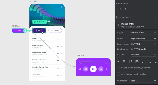 Prototyping flow of music app in Penpot