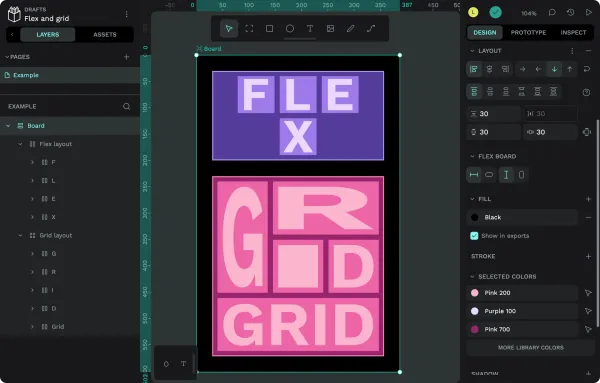 A flex layout and a grid layout on one board in Penpot. The flex layout’s items are split across two lines. The grid layout i