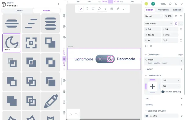 A moon icon component being added to a dark mode toggle design in Penpot.