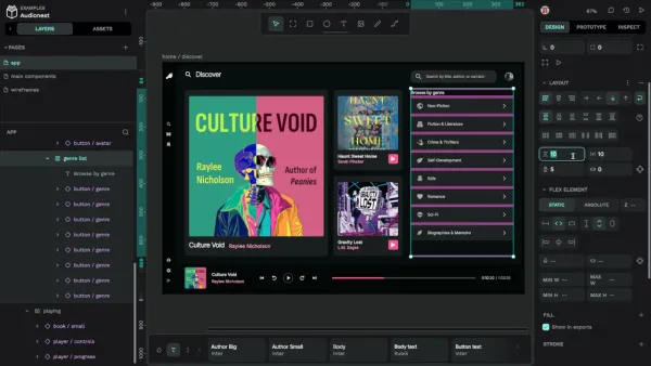 Penpot workspace showcasing a design of a music app interface. 