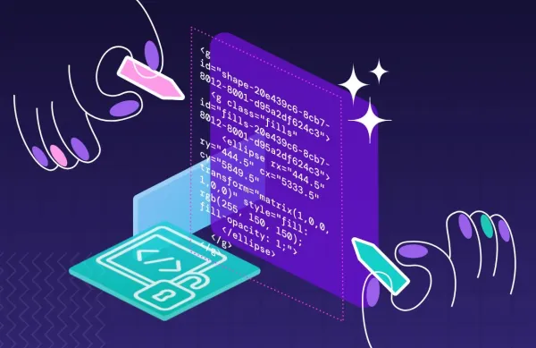 An illustration of lines of code and hands with pens representing how Penpot allows you to design as you code. 