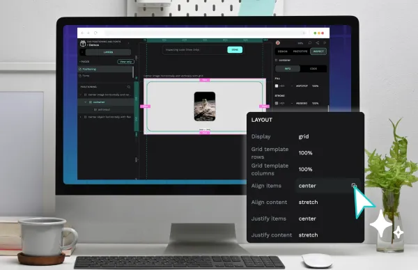 A grid container is selected with Penpot's Inspect tool showing the grid CSS properties in the Inspect tab.