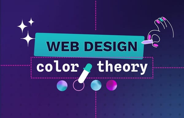 the text "web design color theory" is written on a blue screen surrounded by sparks, a color picker and a series of colored dots. On the right there is a hand holding a pointer. 