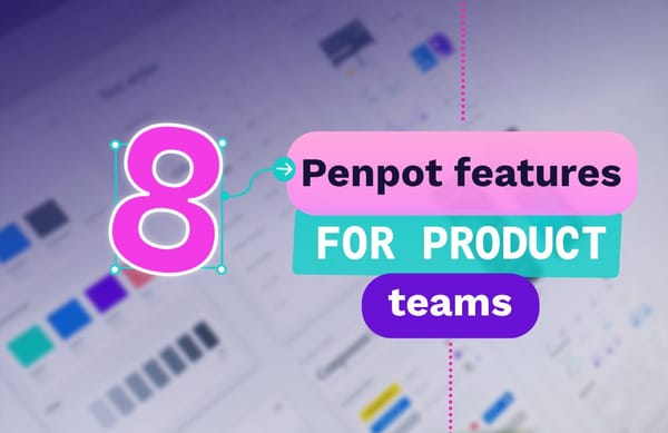 The image shows the title: "8 penpot features for product team" , in the background there is a blurred pics of a monitor with a design system project on i