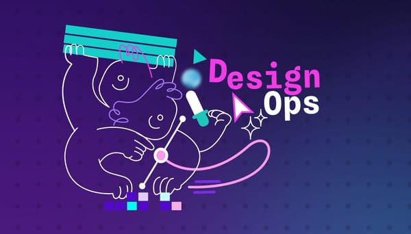 The image shows a designer and a developer working together on the text "Design Ops"