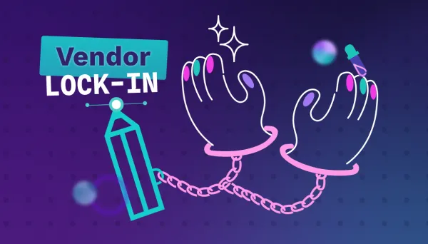 The image shows an illustration with two hands tight with handcuffs linked with a pencil that is writing the words "Vendor lock-in"