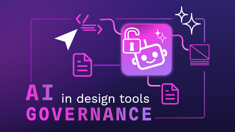 The image shows the title "AI Governance in design tool" and the image of a robot connected with documents and codes.